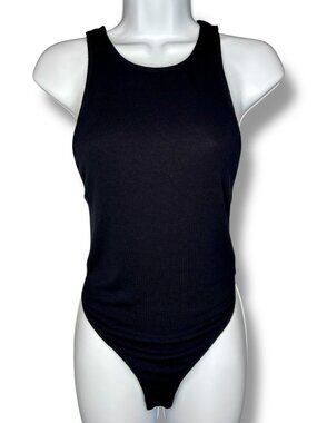 Intimately Free People Black Ribbed scoop Neck Cross Back Thong Bodysuit